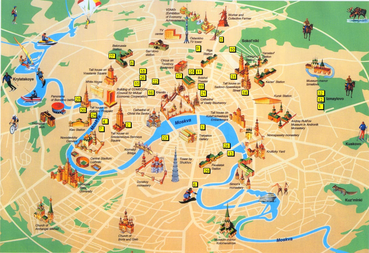 Mapa turístico de Moscou com atrações, museus, pontos turísticos e monumentos