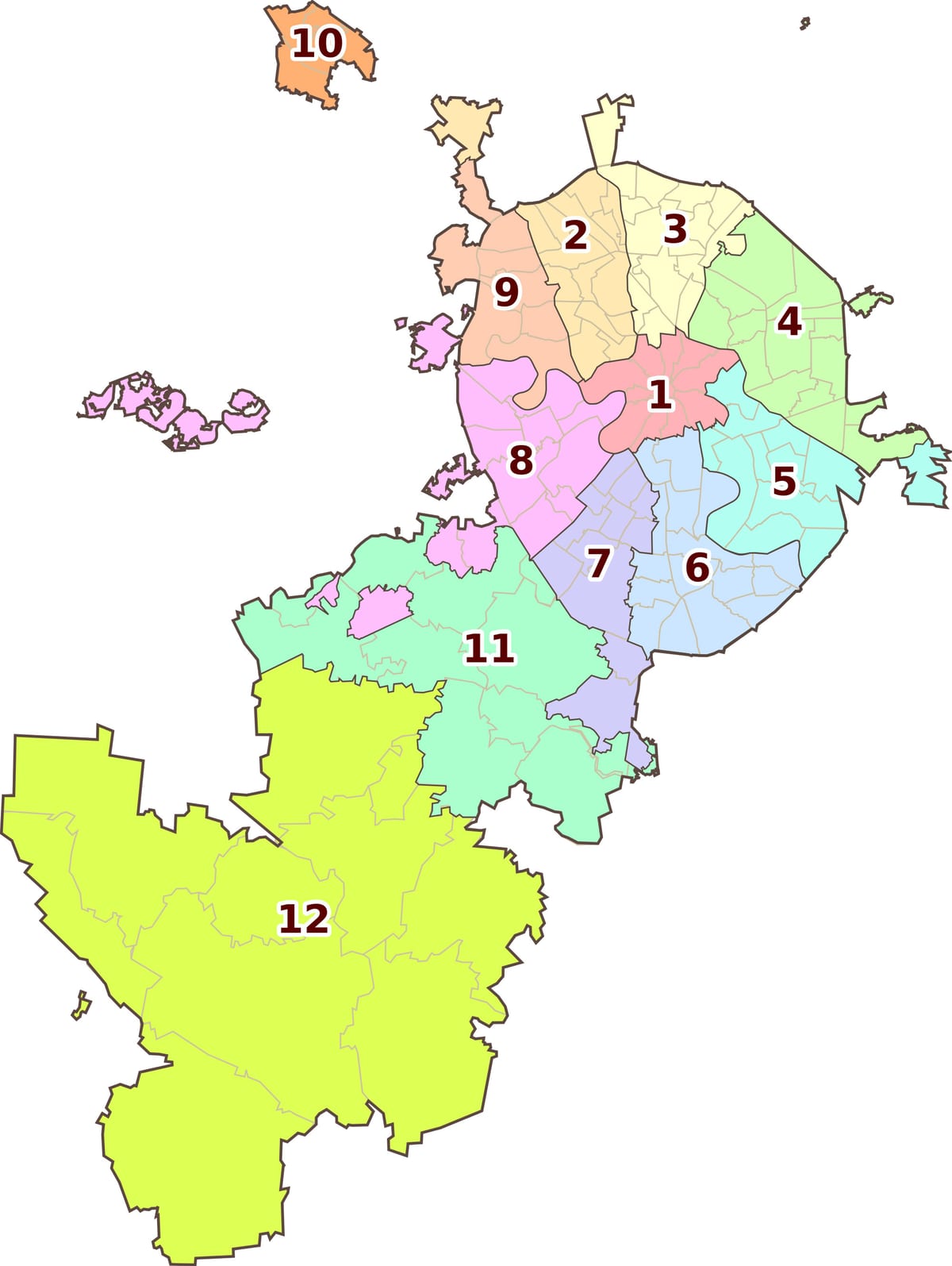 Mapa dos bairros, distritos e regiões de Moscou