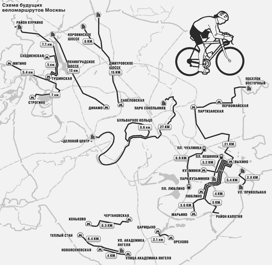Mapa das rotas de bicicleta, ciclovias e ciclofaixas de Moscou
